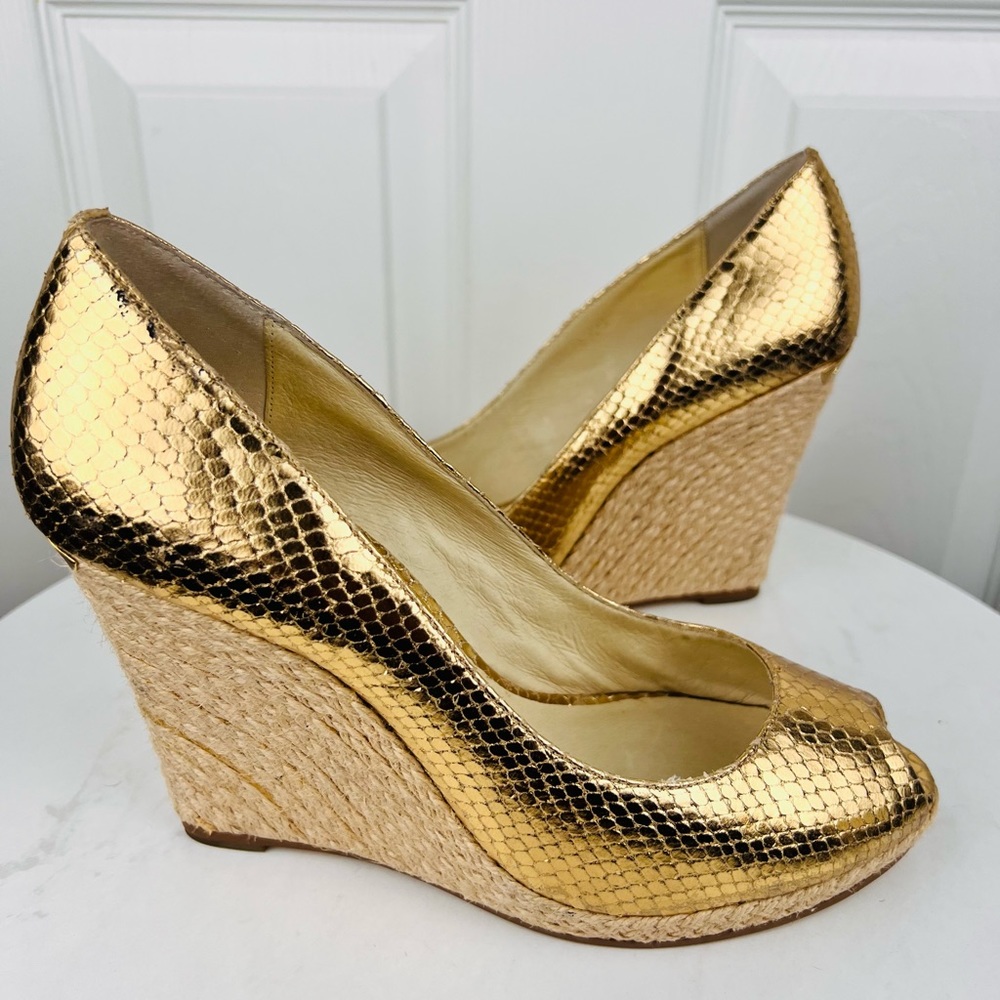 MICHAEL KORS Gold Leather Espadrille Wedge Slip On Peep Toes Pumps Shoes - Picture 2 of 11